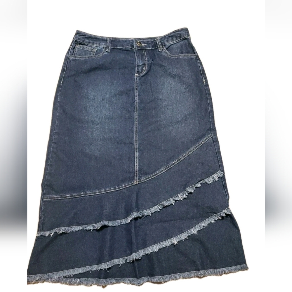 Christopher And Banks Petite Long Jean Skirt Ruffled Fringe Pockets 6P Modest